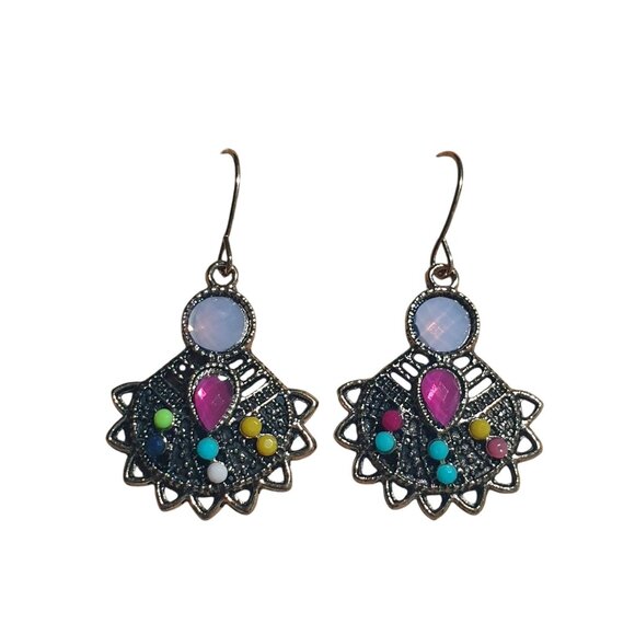 Bohemian Inspired Gold Hook Earrings Multicolor Acrylic Gem Women Lightweight - Picture 2 of 4